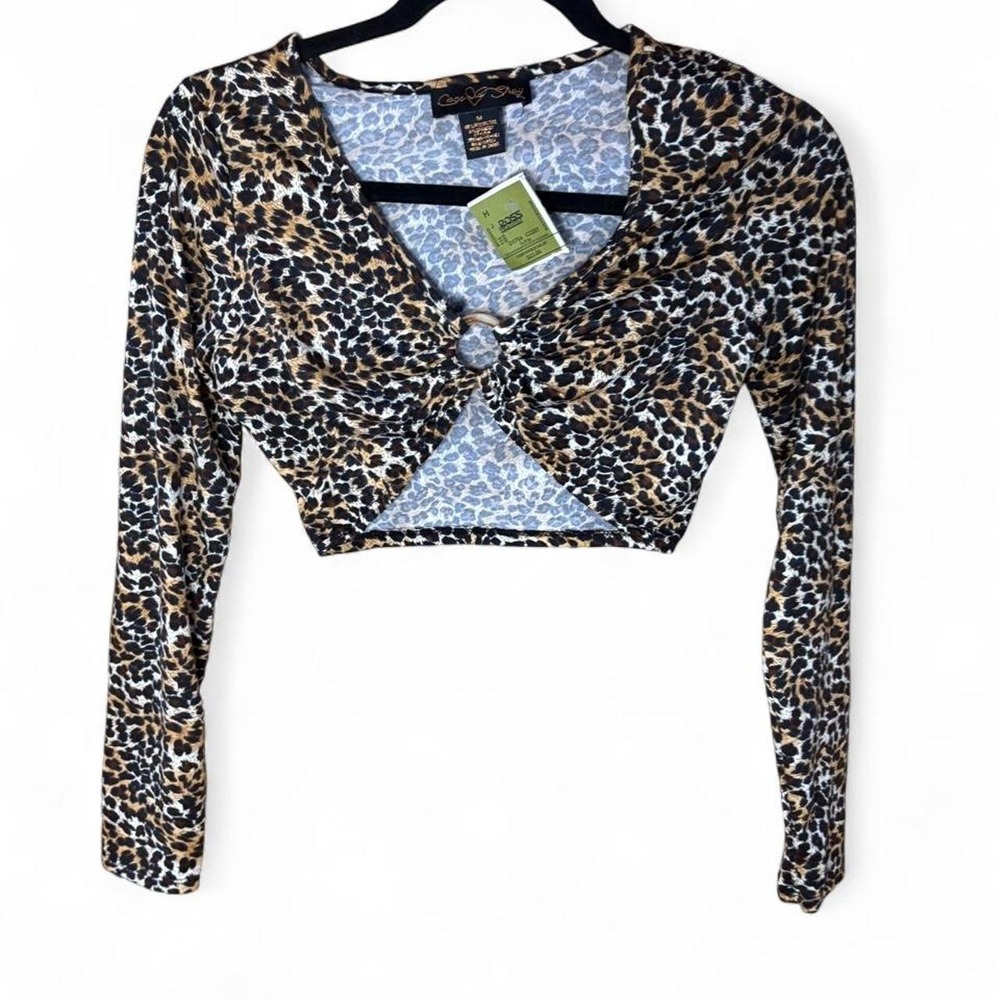 Edikted Leopard Print Long Sleeve Crop Top Brown Animal Print O-Ring Cutout M